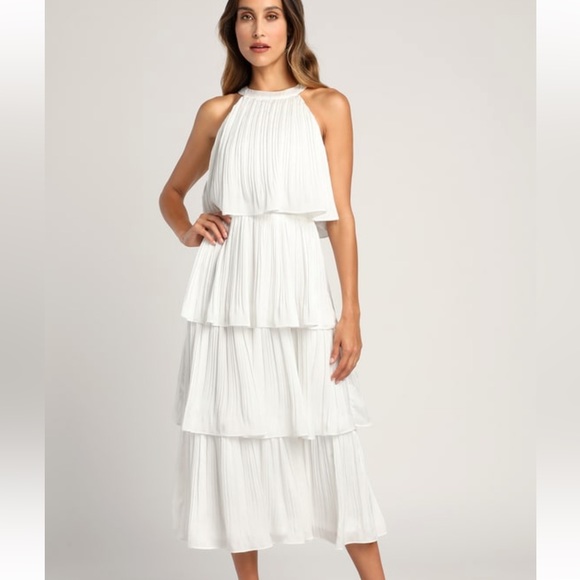 LULU'S SZ S Tier and Far White Tiered Pleated Halter Midi Dress - Picture 5 of 15